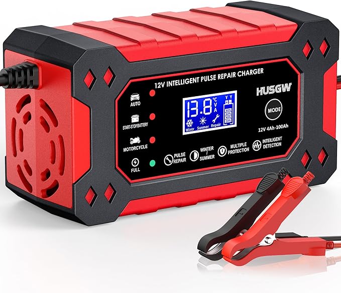 12V 6A Car Battery Charger, Automatic Smart Battery Charger/Maintainer with Temperature Compensation, Car Battery Repair and Desulfator for Car, Motorcycle, SUV, Lithium Batteries & AGM