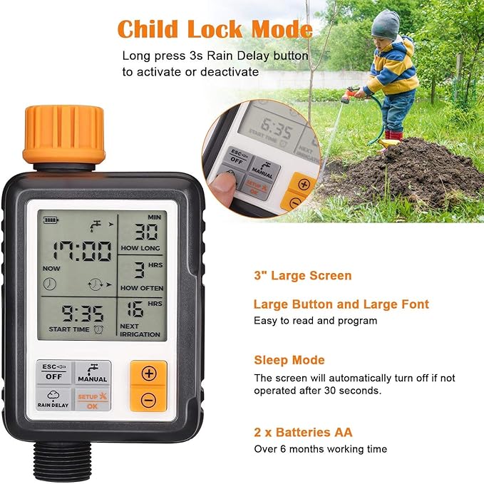 Watering Computer with 3 Inch Screen, Watering Clock with Automatic Irrigation, Rain Delay, Manual Control and Child Lock - Image 7