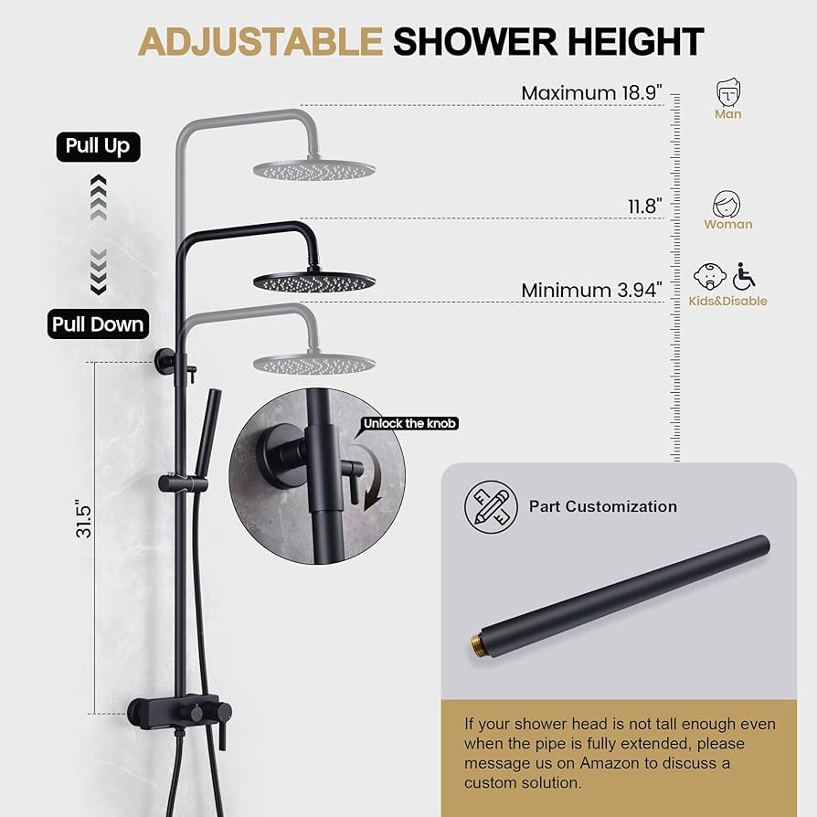 Matte Black Exposed Shower System with 2 Modes HandHeld,3 Functions Tub Shower Faucet Sets with Brass Valve, Shower Fixture with 10 Inches Rainfull Shower Head,Shower Height Adjustable - Image 5