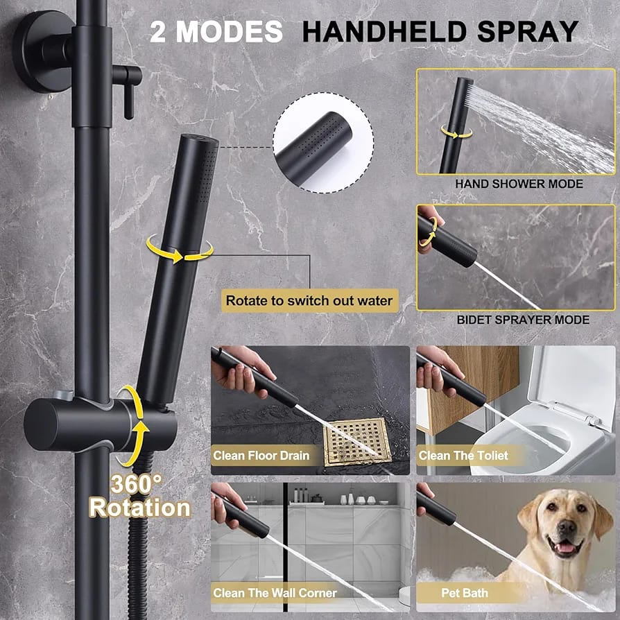 Matte Black Exposed Shower System with 2 Modes HandHeld,3 Functions Tub Shower Faucet Sets with Brass Valve, Shower Fixture with 10 Inches Rainfull Shower Head,Shower Height Adjustable - Image 6
