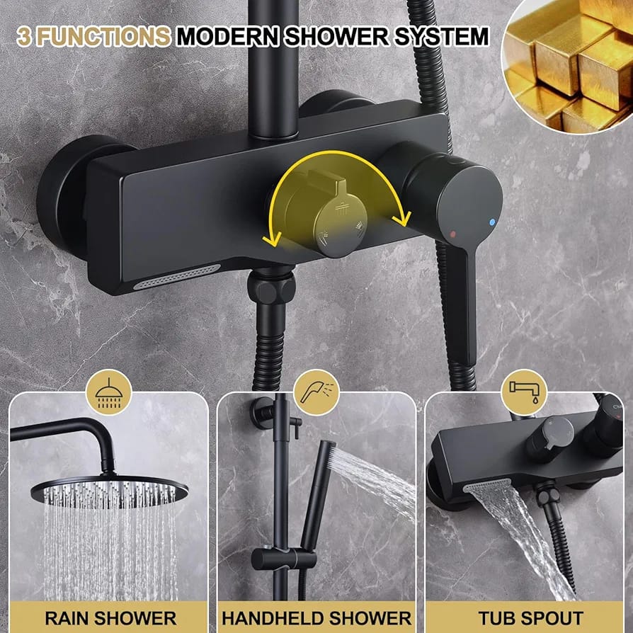 Matte Black Exposed Shower System with 2 Modes HandHeld,3 Functions Tub Shower Faucet Sets with Brass Valve, Shower Fixture with 10 Inches Rainfull Shower Head,Shower Height Adjustable - Image 7