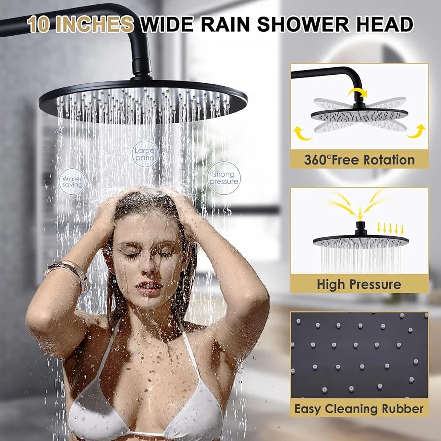 Matte Black Exposed Shower System with 2 Modes HandHeld,3 Functions Tub Shower Faucet Sets with Brass Valve, Shower Fixture with 10 Inches Rainfull Shower Head,Shower Height Adjustable