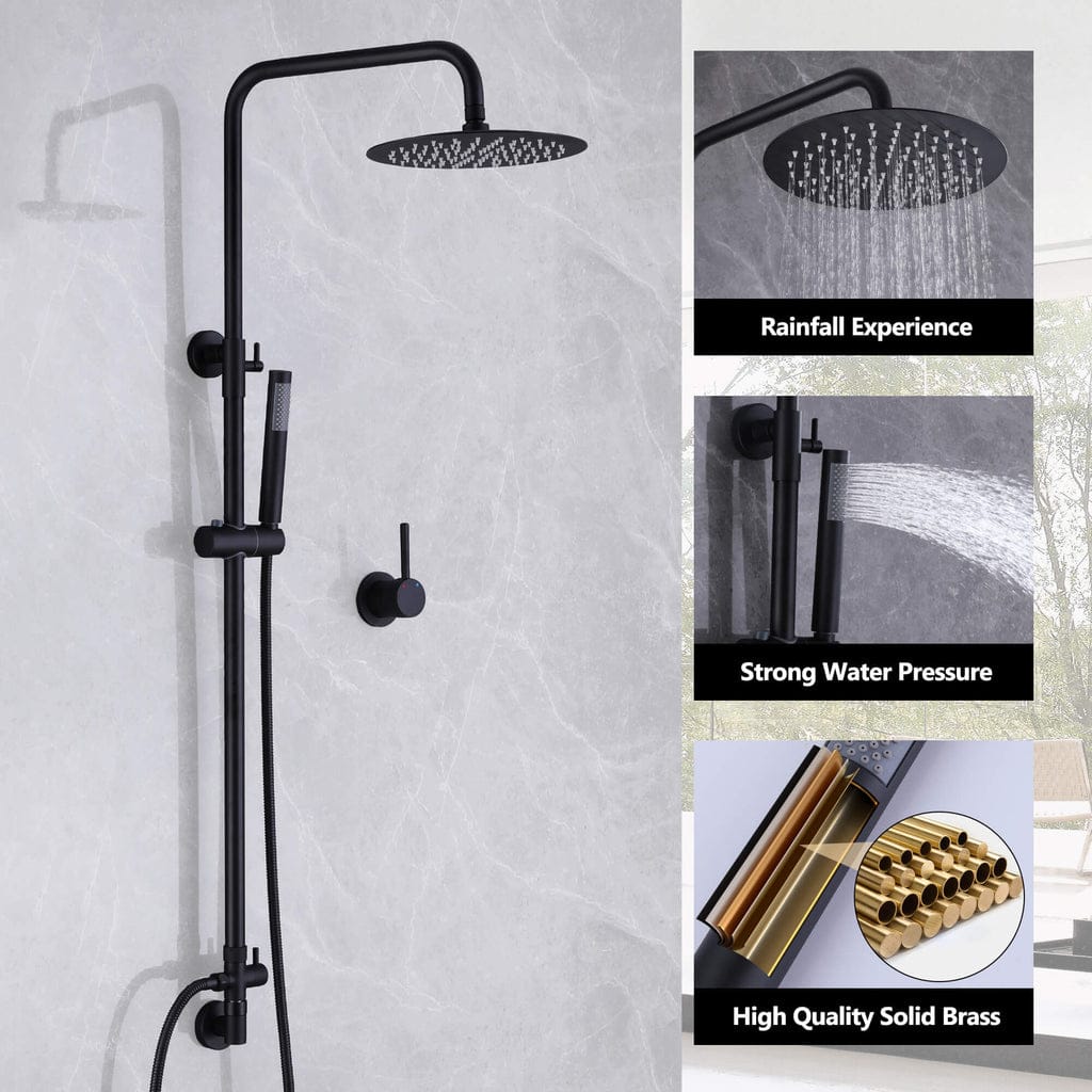 Matte Black Exposed Shower System with 2 Modes HandHeld,3 Functions Tub Shower Faucet Sets with Brass Valve, Shower Fixture with 10 Inches Rainfull Shower Head,Shower Height Adjustable - Image 9