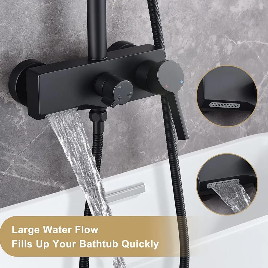 Matte Black Exposed Shower System with 2 Modes HandHeld,3 Functions Tub Shower Faucet Sets with Brass Valve, Shower Fixture with 10 Inches Rainfull Shower Head,Shower Height Adjustable - Image 10