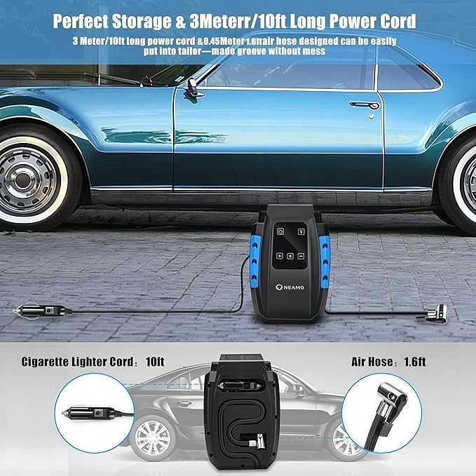 Portable Air Compressor 12 V, 120 W Car Tyre Inflator, Electric Air Compressor with Digital Display and LED Light, 3 m Cable for Car Bicycle (Blue) - Image 7