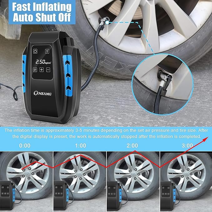 Portable Air Compressor 12 V, 120 W Car Tyre Inflator, Electric Air Compressor with Digital Display and LED Light, 3 m Cable for Car Bicycle (Blue) - Image 8