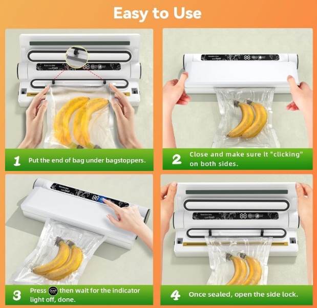 utomatic Vacuum Sealer for Food with 95 kPa Powerful Suction, Compact Food Sealer machine Starter Kit with 10 Vacuum Bags for Dry/Moist Food, Sous Vide, Meal Prep - Image 4