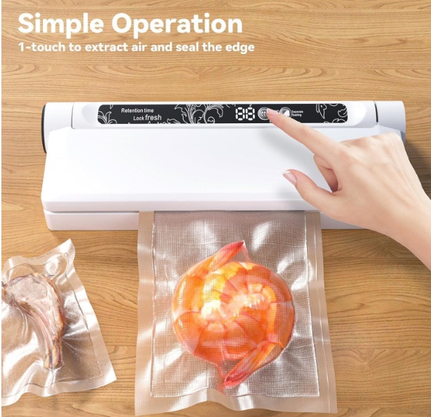 utomatic Vacuum Sealer for Food with 95 kPa Powerful Suction, Compact Food Sealer machine Starter Kit with 10 Vacuum Bags for Dry/Moist Food, Sous Vide, Meal Prep