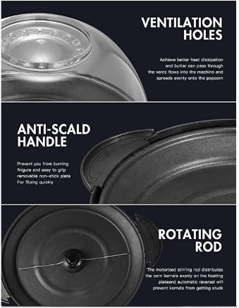 Popcorn Machine, 6-Quart Popcorn Popper maker, Nonstick Plate, Electric Stirring with Quick-Heat Technology, Cool Touch Handles (Red & Black) - Image 7