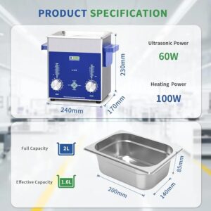 DK SONIC Industrial Ultrasonic Cleaner 2L, 60W Commercial Ultrasonic Jewelry Cleaner with Encoded Timer, Heater& Basket, Multi-Application for Jewelry, Glasses, Chains, Watches