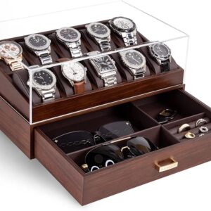 KAMIER Watch Box for Men, 10 Slots Men Watch Case with Glass Lid, Watch Display Case With Drawer, 2-Layer Watch Holder Organizer, Jewelry and Watch Storage for Men Women, Walnut.