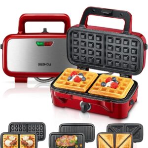 Sandwich Maker 3-in-1, 1200 W Waffle Iron/Contact Grill/Sandwich Toaster, 5-Speed Temperature Control, Non-Stick Coating Plate Sets, Heat-Insulated Handle, Dishwasher Safe, LED Lights, Red