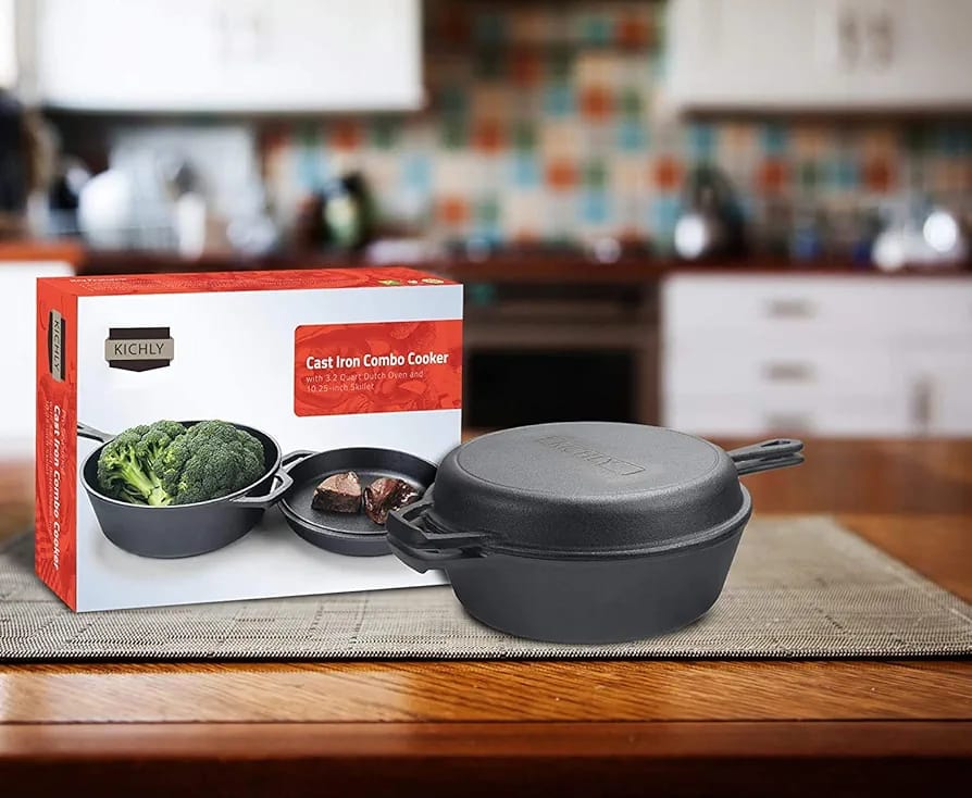 KICHLY 3.0L,3.2 Quart Pre Seasoned Cast Iron Combo Cooker Dutch Oven with Lid, 10.25 Inch, 26 cm Dual Function Skillet Pot with lid, Cast Iron Casserole Dish with Lid. - Image 5