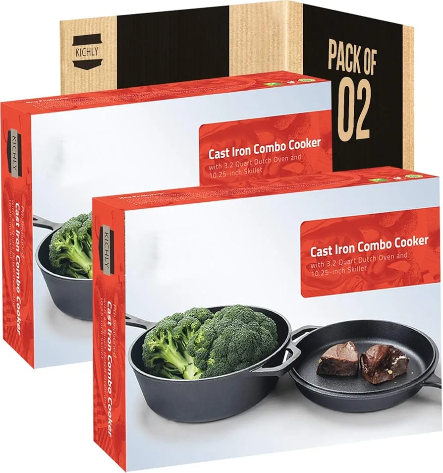 KICHLY 3.0L,3.2 Quart Pre Seasoned Cast Iron Combo Cooker Dutch Oven with Lid, 10.25 Inch, 26 cm Dual Function Skillet Pot with lid, Cast Iron Casserole Dish with Lid.