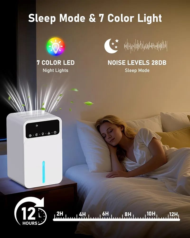 Dehumidifiers for Home, 1500ML Quite Dehumidifiers for Bedroom, Portable Electric Bathroom Dehumidifier, 12H Timer, Automatic Shutoff, 7 Colorful Lights, Mini Dehumidifier for Drying Clothes - Image 8