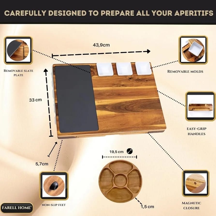 Acacia Wood Charcuterie & Cheese Board - Complete Aperitif Tray - Ceramic Cutlery, Slate and Ramekin - Extra Large Tasting Set - Image 5