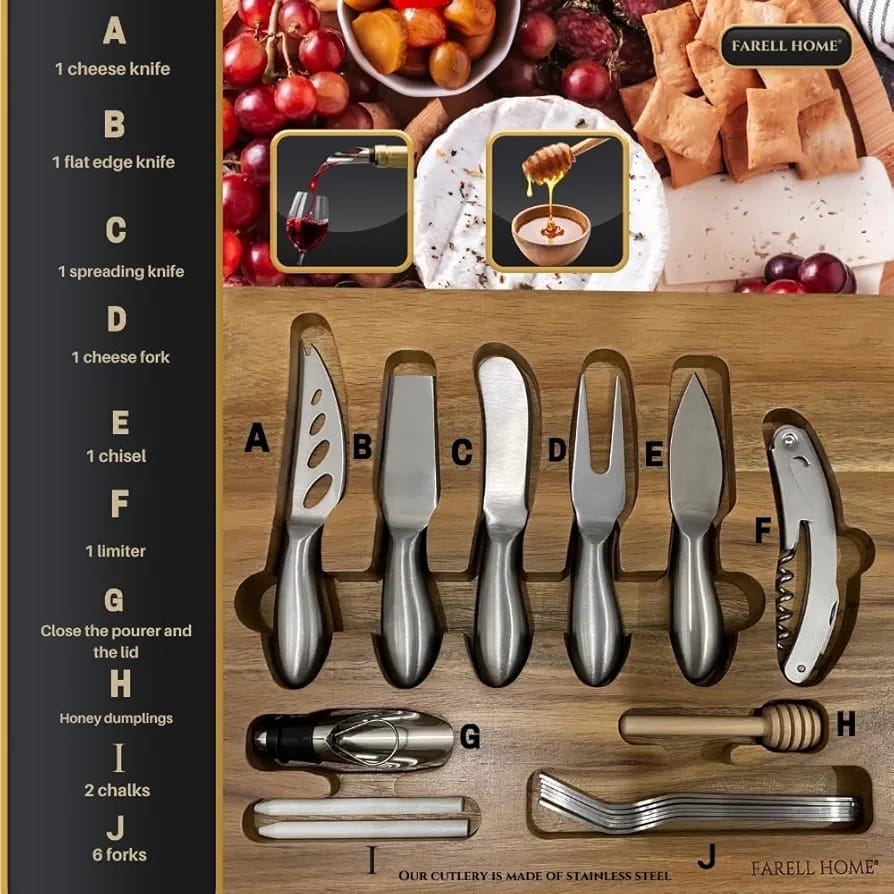 Acacia Wood Charcuterie & Cheese Board - Complete Aperitif Tray - Ceramic Cutlery, Slate and Ramekin - Extra Large Tasting Set - Image 4