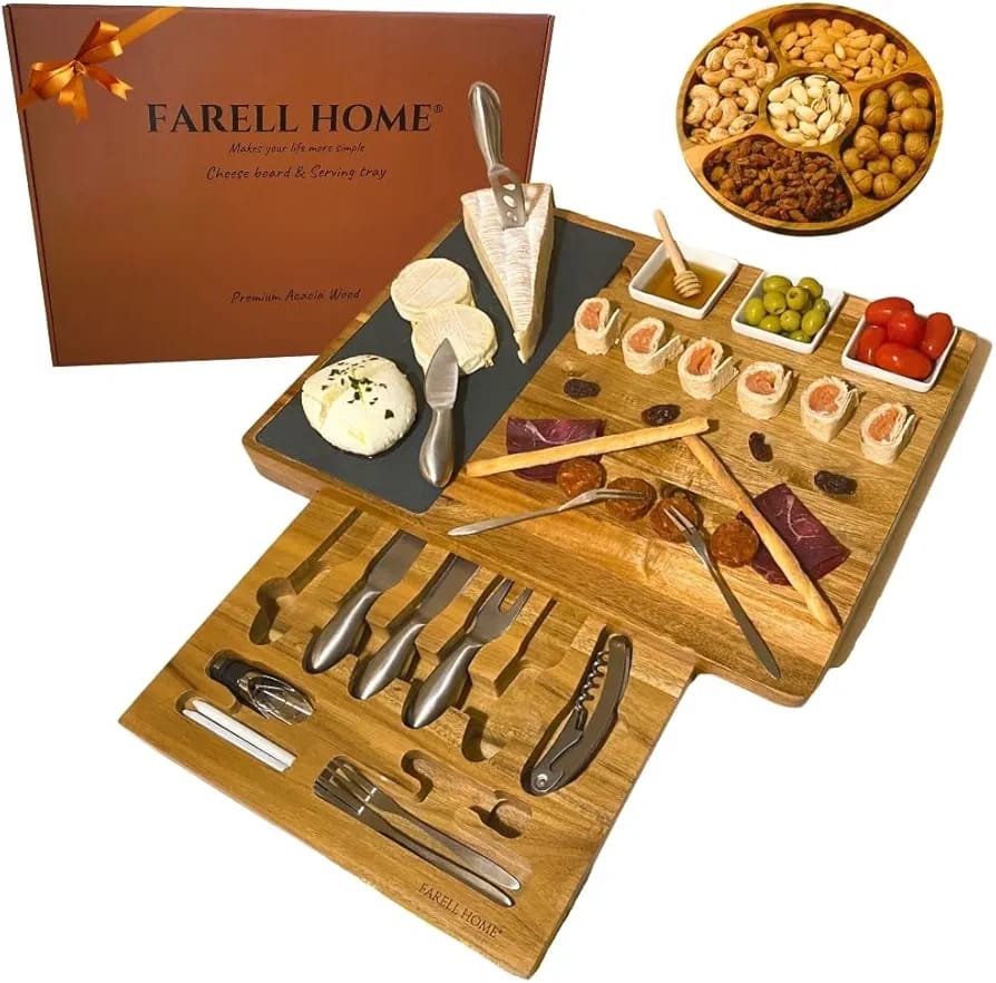 Acacia Wood Charcuterie & Cheese Board - Complete Aperitif Tray - Ceramic Cutlery, Slate and Ramekin - Extra Large Tasting Set