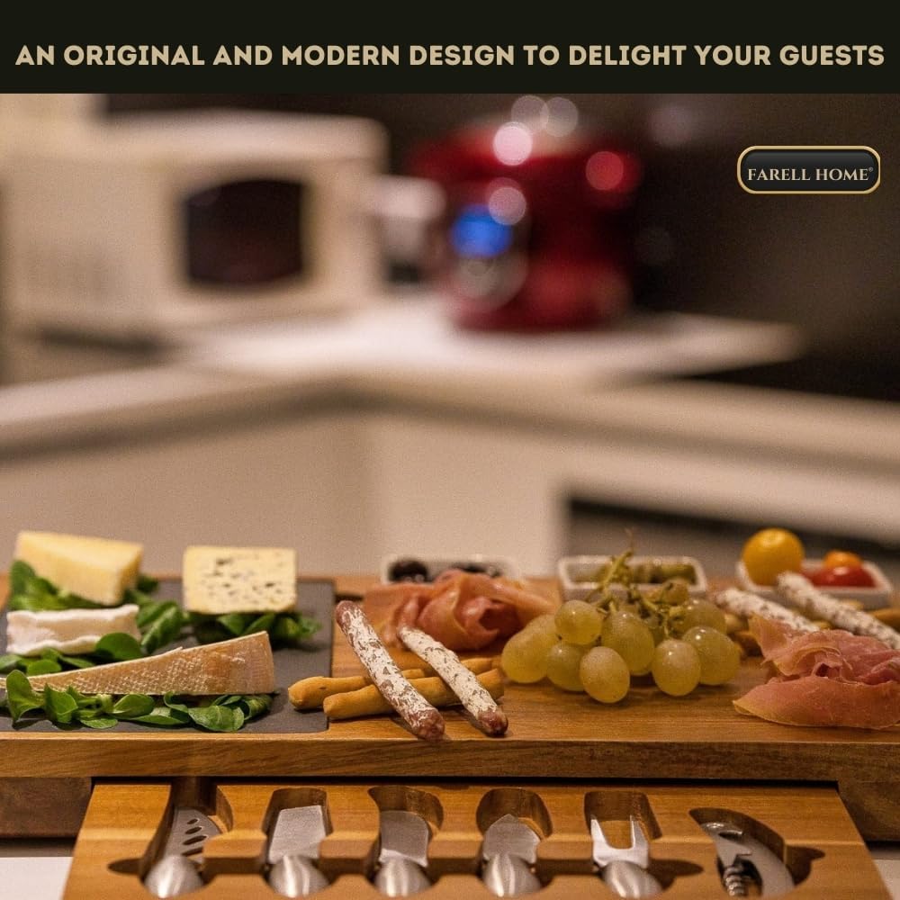 Acacia Wood Charcuterie & Cheese Board - Complete Aperitif Tray - Ceramic Cutlery, Slate and Ramekin - Extra Large Tasting Set - Image 3