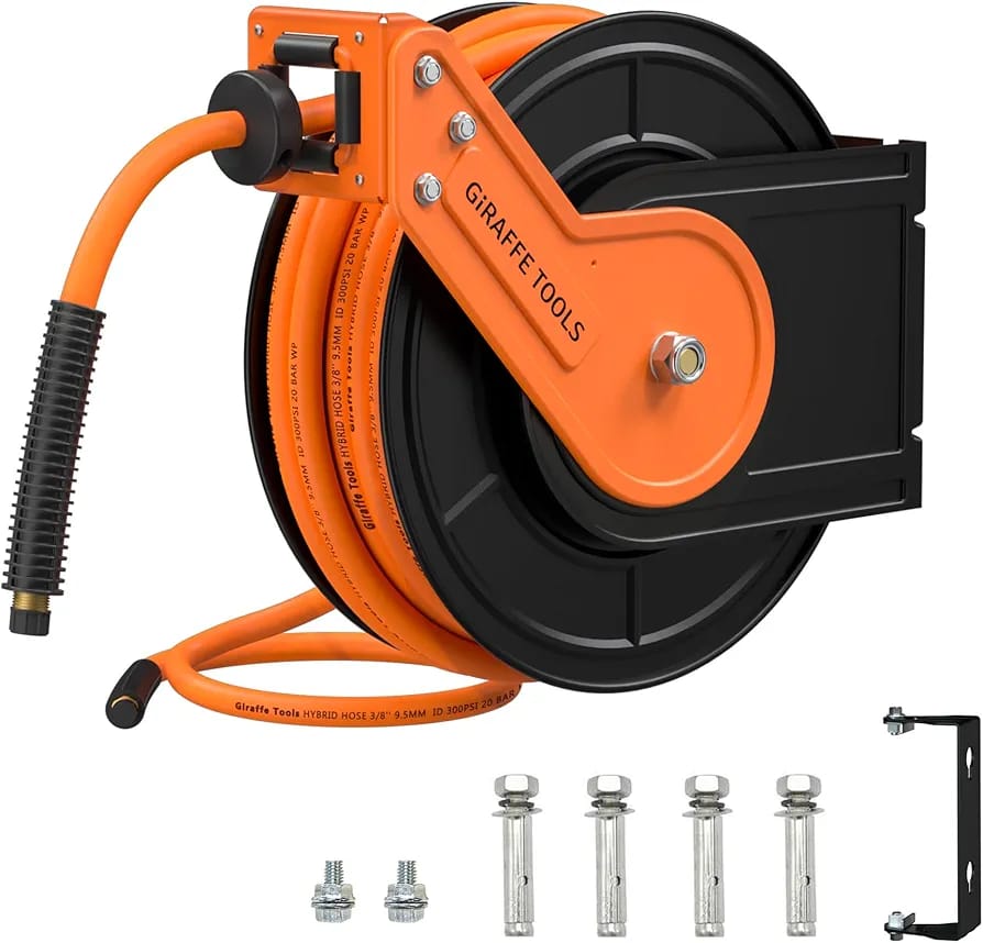 Giraffe Tools TA15BPLUS Retractable Air Hose Reel with Swivel Bracket 3/8" x 50 ft Hybrid Hose