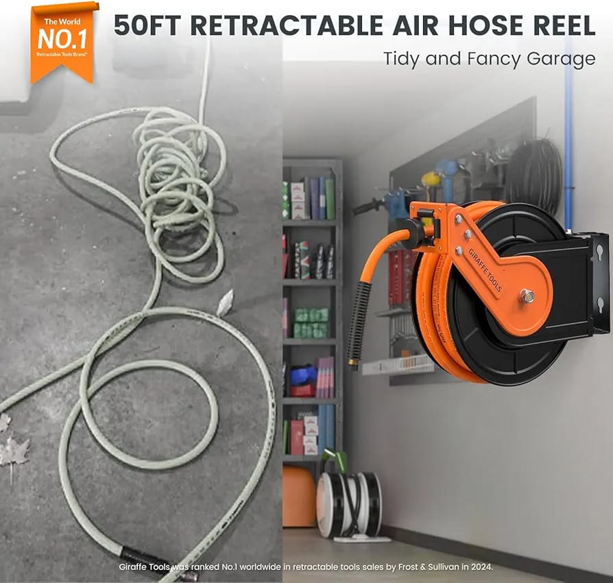 Giraffe Tools TA15BPLUS Retractable Air Hose Reel with Swivel Bracket 3/8" x 50 ft Hybrid Hose - Image 9