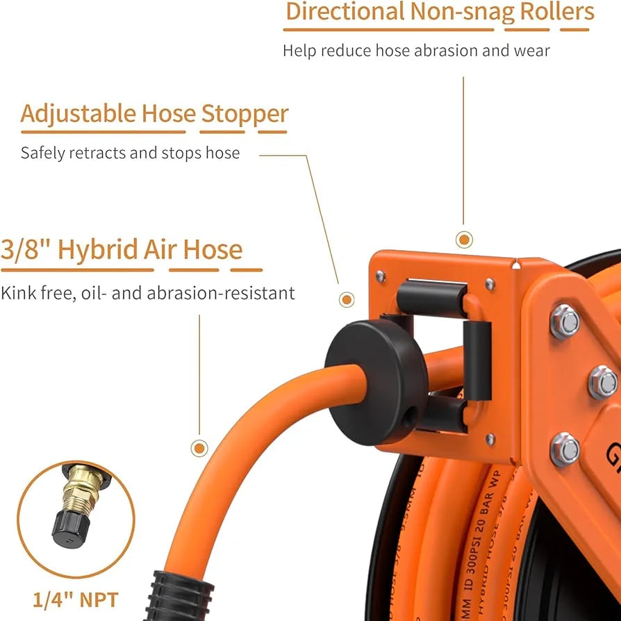 Giraffe Tools TA15BPLUS Retractable Air Hose Reel with Swivel Bracket 3/8" x 50 ft Hybrid Hose - Image 8