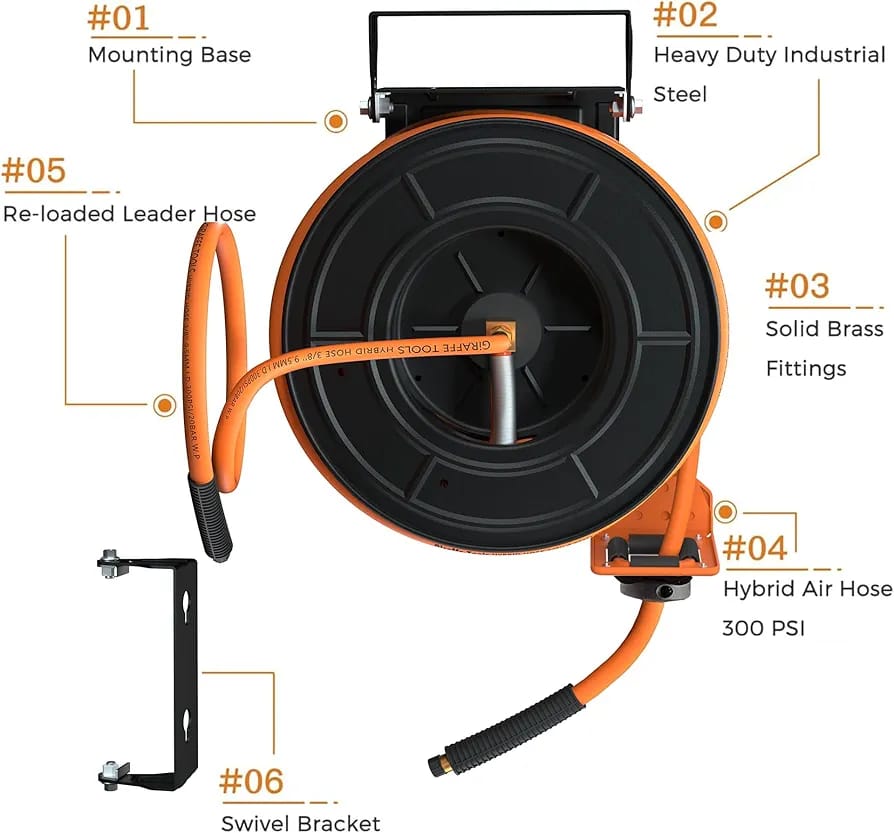 Giraffe Tools TA15BPLUS Retractable Air Hose Reel with Swivel Bracket 3/8" x 50 ft Hybrid Hose - Image 6