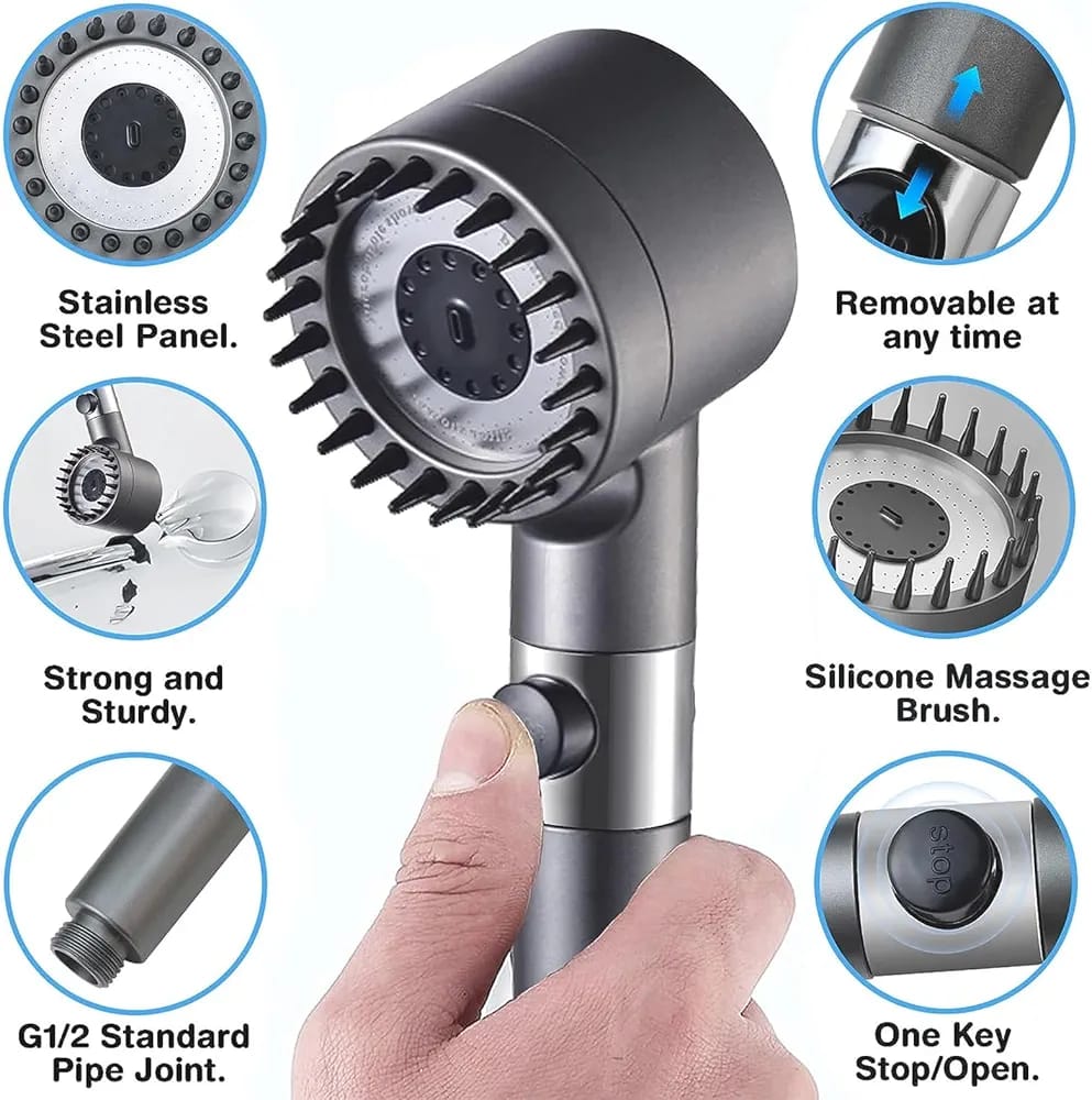 High Pressure Shower Head Turbocharged Filtered Hand Held Shower Built-in Filter Element Multifunctional Massage Shower (Grey) - Image 3