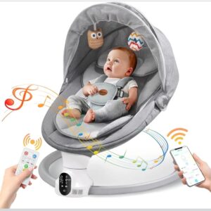 Baby Swings for Infants - Exclusive App & Bluetooth Function, Electric Baby Swing with 5 Point Harness & 5 Sway Speeds, 10 Preset Lullabies, Portable Infant Swing for Indoor/Outdoor (Light Gray)