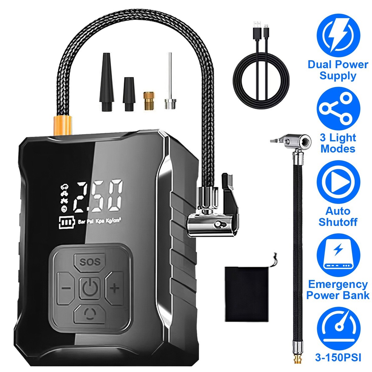 Tire Inflator Portable Air Compressor,With Precise Digital Pressure Gauge, 2x Fast Mini Inflation Pump for Cars, Bike, Balls, Warning Lights, and USB Charging Multi-Purpose Inflation Pump