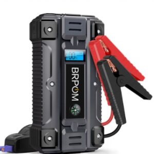 BRPOM portable car jump starter, designed as an "all-in-one solution" for automotive emergencies. 