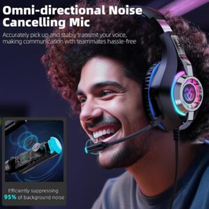 Tatybo Gaming Headset for Ps5 Ps4 PC Xbox S/X Series Switch PC, Gaming Headphone with Noise Cancelling Microphone RGB Lighting