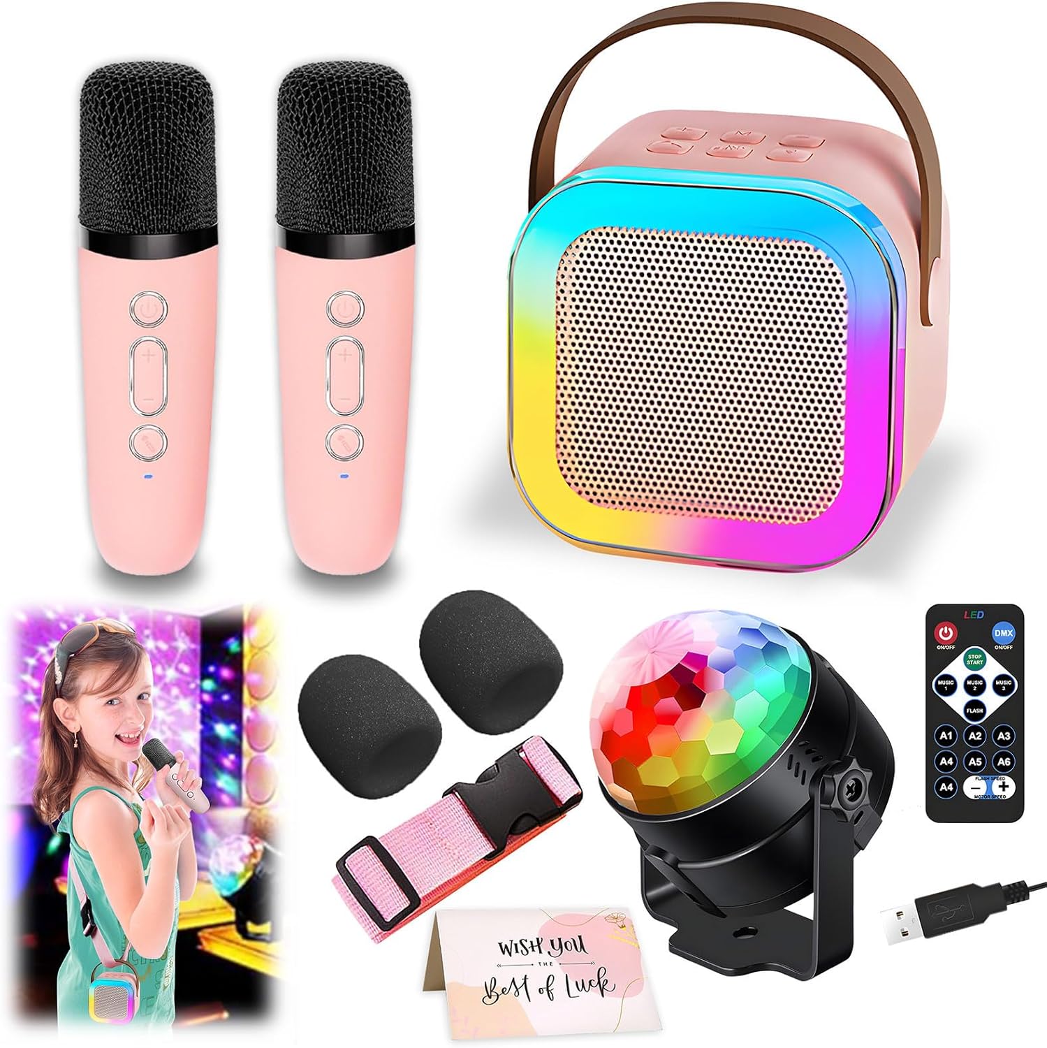 Karaoke Machine for Kids, Portable Bluetooth Speaker with 2 Wireless Microphones, 1 Disco Ball Strobe Lamp 7 Modes Stage Light for Home Room Dance Parties Birthday