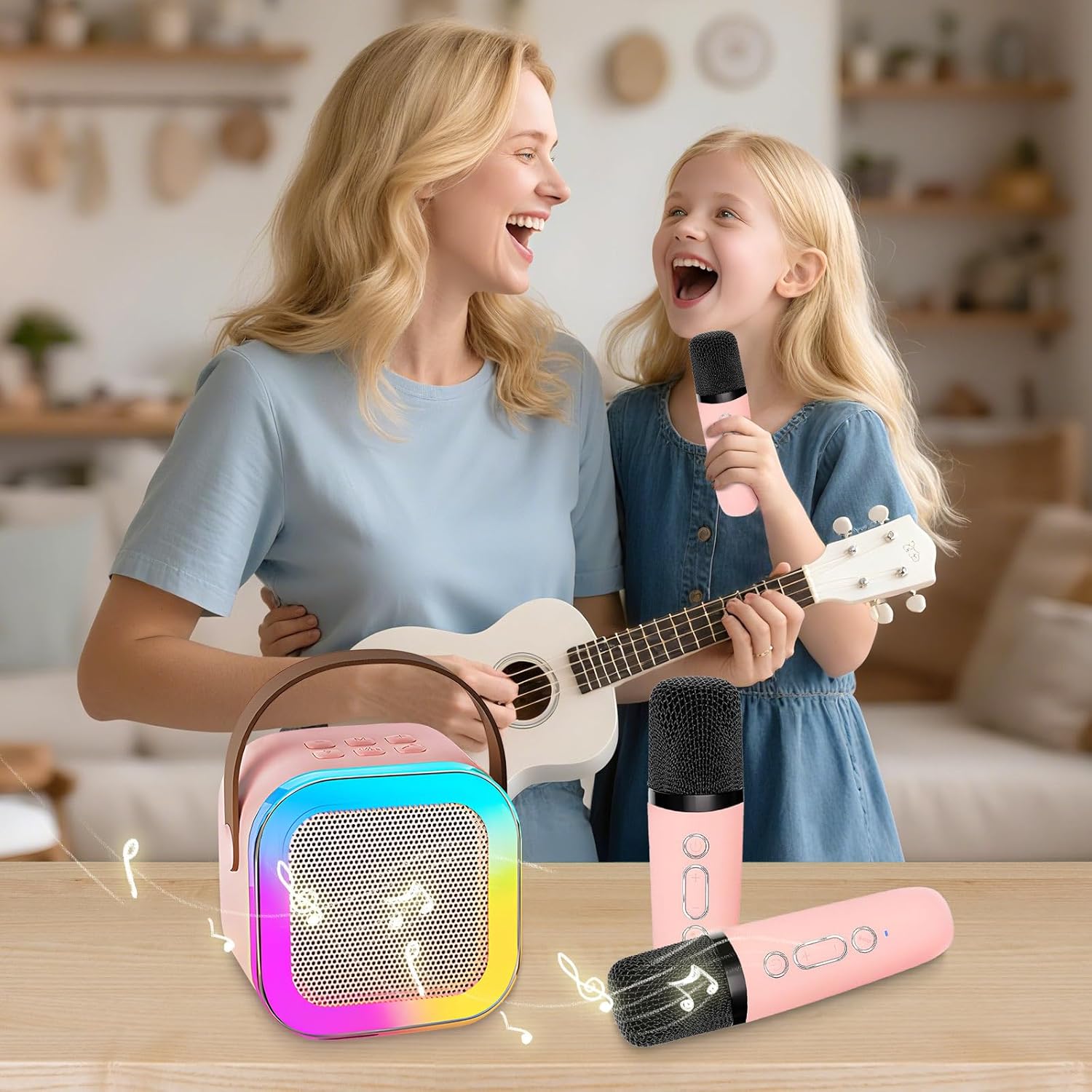 Karaoke Machine for Kids, Portable Bluetooth Speaker with 2 Wireless Microphones, 1 Disco Ball Strobe Lamp 7 Modes Stage Light for Home Room Dance Parties Birthday - Image 4