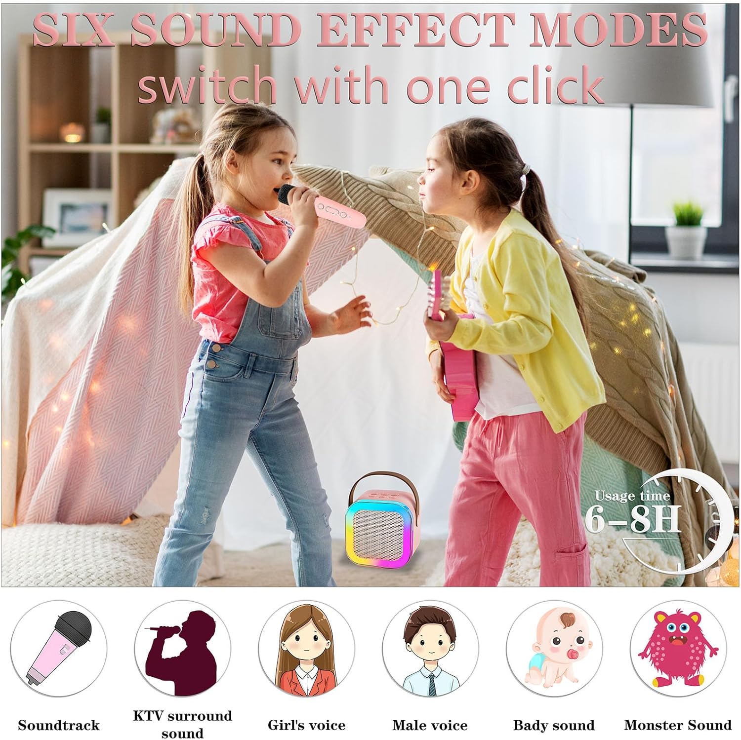 Karaoke Machine for Kids, Portable Bluetooth Speaker with 2 Wireless Microphones, 1 Disco Ball Strobe Lamp 7 Modes Stage Light for Home Room Dance Parties Birthday - Image 5