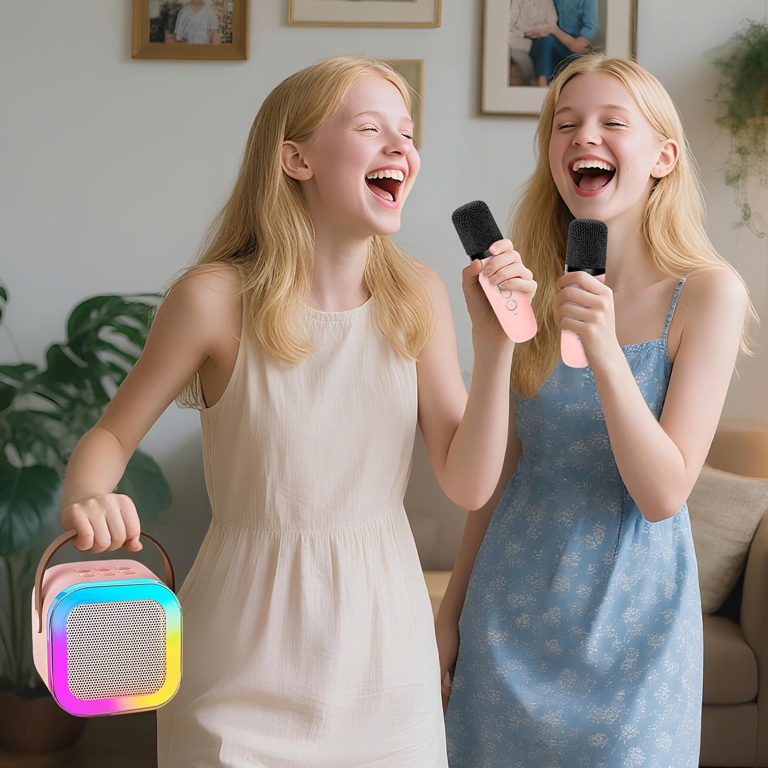 Karaoke Machine for Kids, Portable Bluetooth Speaker with 2 Wireless Microphones, 1 Disco Ball Strobe Lamp 7 Modes Stage Light for Home Room Dance Parties Birthday - Image 6