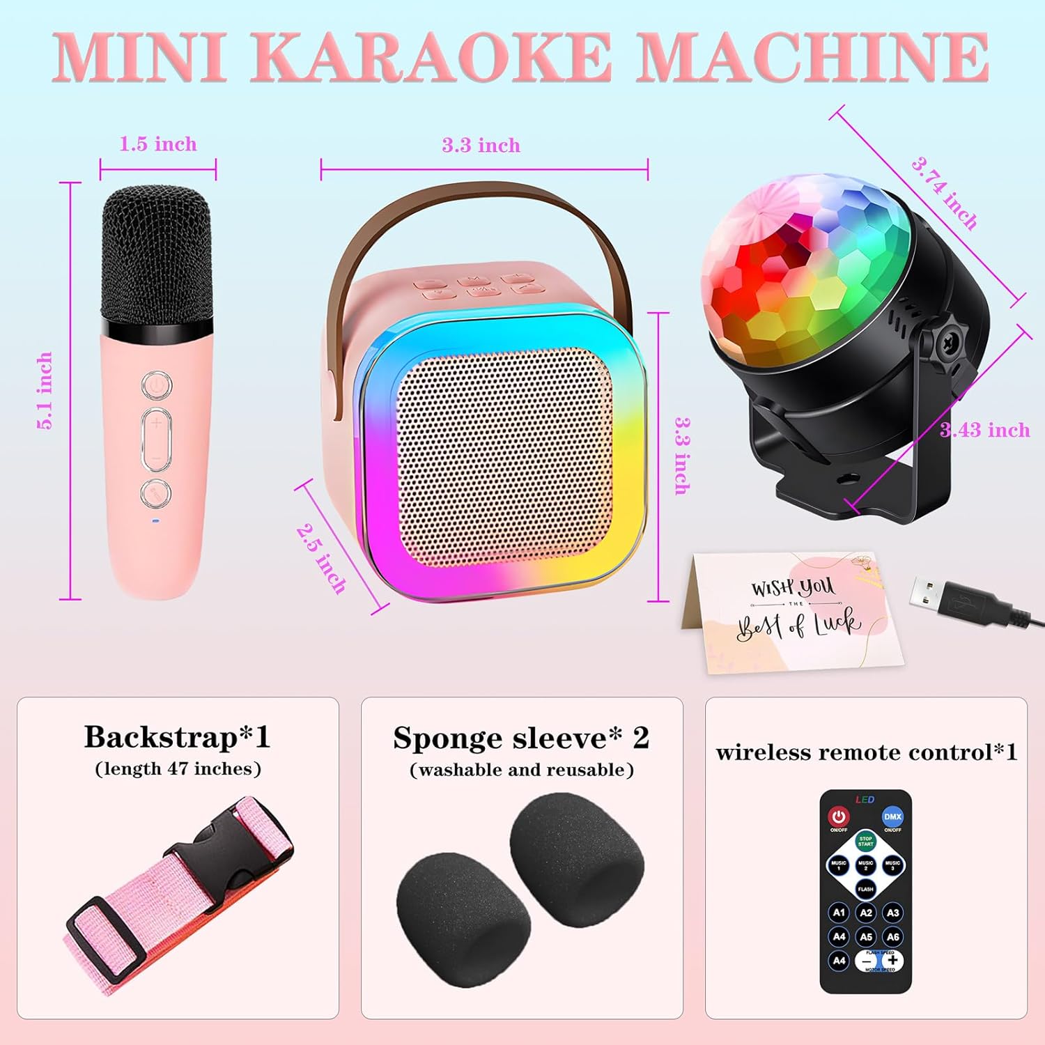 Karaoke Machine for Kids, Portable Bluetooth Speaker with 2 Wireless Microphones, 1 Disco Ball Strobe Lamp 7 Modes Stage Light for Home Room Dance Parties Birthday - Image 8