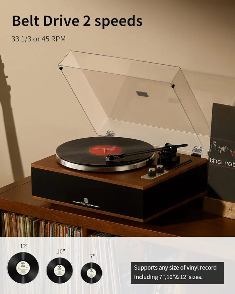 ANGELS HORN Vinyl Record Player, Bluetooth Turntable with Built in Speakers Phono Preamp, High Fidelity Turntables for Vinyl Records with Magnetic Cartridge AT-3600L, Belt Drive 2-Speed - Image 9