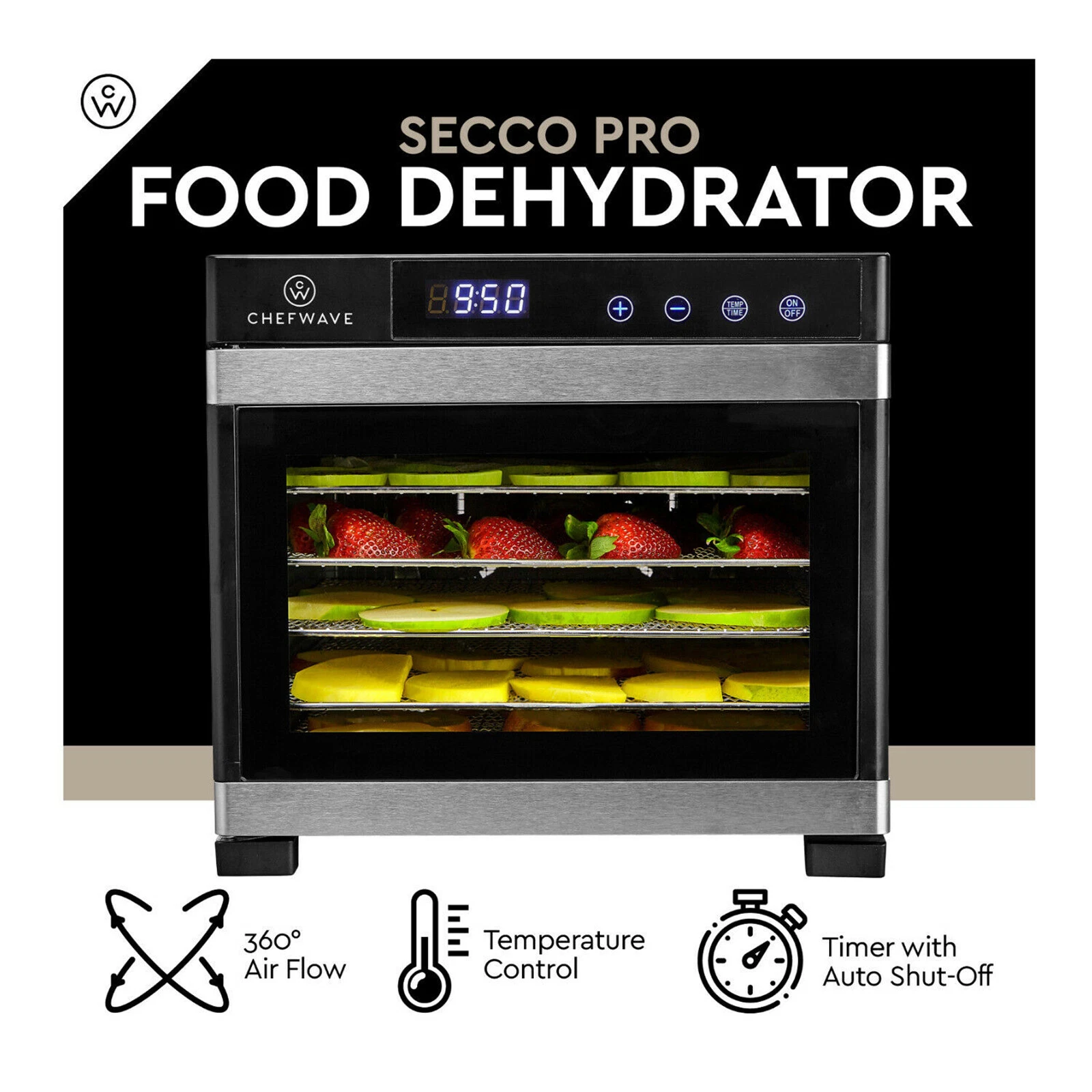 Chefwave CW-FD06 Secco Pro Food Dehydrator with 6 Drying Racks - Stainless Steel - Image 7