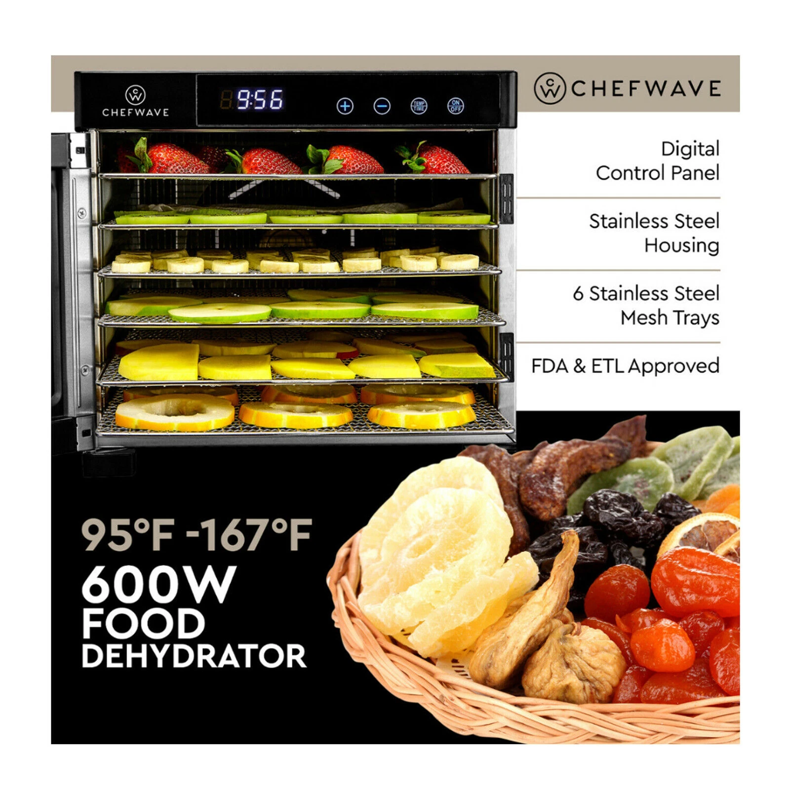 Chefwave CW-FD06 Secco Pro Food Dehydrator with 6 Drying Racks - Stainless Steel - Image 5