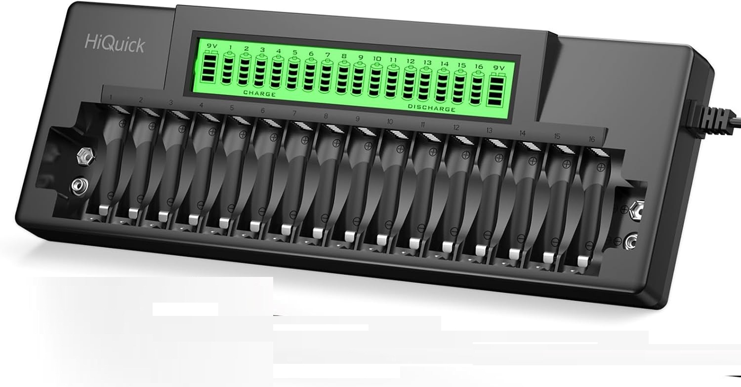 HiQuick 16+2 Bay AA AAA 9V Battery Charger, Fast Charging for NiMH NiCD Rechargeable Batteries, 2 Separate Charging Slot for 9V Battery with Smart LCD Display - Image 2