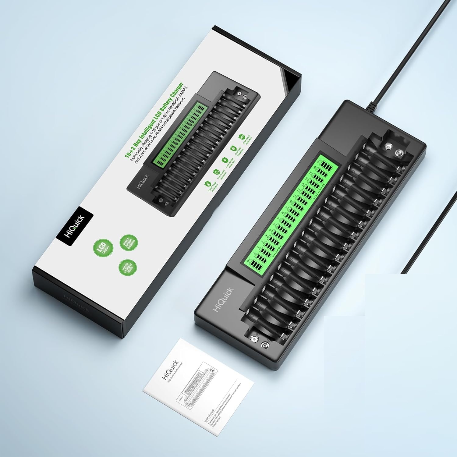 HiQuick 16+2 Bay AA AAA 9V Battery Charger, Fast Charging for NiMH NiCD Rechargeable Batteries, 2 Separate Charging Slot for 9V Battery with Smart LCD Display - Image 3