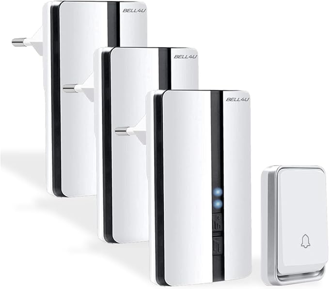 Battery- doorbell with three receivers, Bell4U, plug & play set up in 5 minutes, 51 melodies, waterproof, save costs on batteries