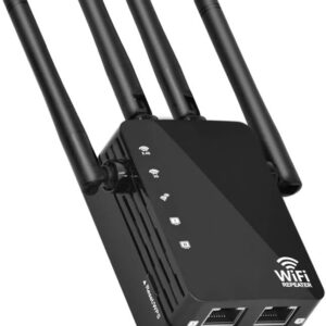 1200Mbps Dual Band WiFi Range Extender,2.4&5GHz WiFi Repeater,2 Ethernet Ports,4 External Antennas Wireless Signal Booster,Wire repeater with Router/AP/Repeater Mode WPS Function.