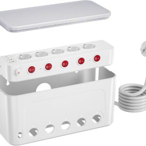 Power Strip with Cable Order Box, Large Cable Management Box Socket Strip 5 Way Socket, Hides Extension Blocks, Desk Cable Management, Stylish TV Cable, Multi Plug 1.5M Cable, White