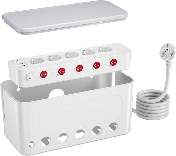 Power Strip with Cable Order Box, Large Cable Management Box Socket Strip 5 Way Socket, Hides Extension Blocks, Desk Cable Management, Stylish TV Cable, Multi Plug 1.5M Cable, White