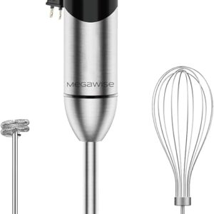 MegaWise Pro Titanium Reinforced 3-in-1 Immersion Corded Hand Blender, Powerful MOTOR with 80% Sharper Blades, 12-Speed Corded Blender, IncludingWhisk and Milk Frother