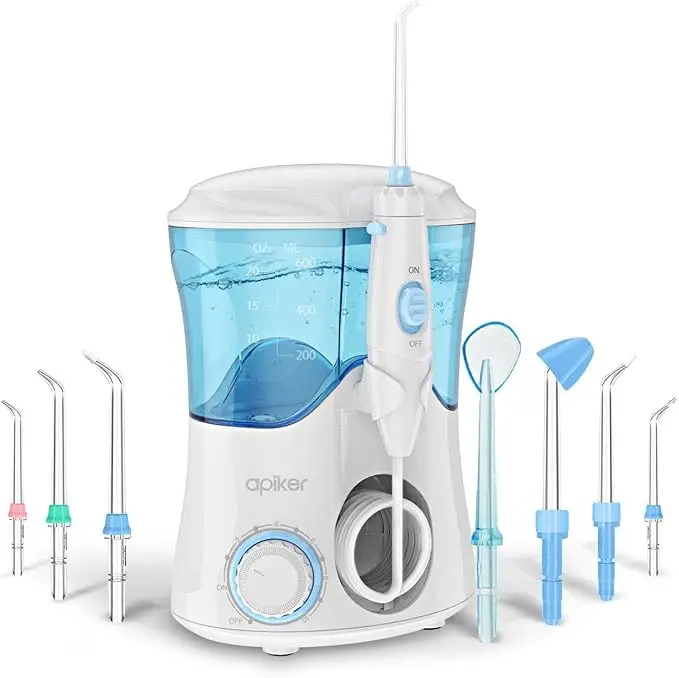 Apiker Dental Water Flosser for Teeth and Braces with 8 Multifunctional Tips, 600ml Capacity Electric Oral Irrigator with 10 Water Pressure Settings for Family