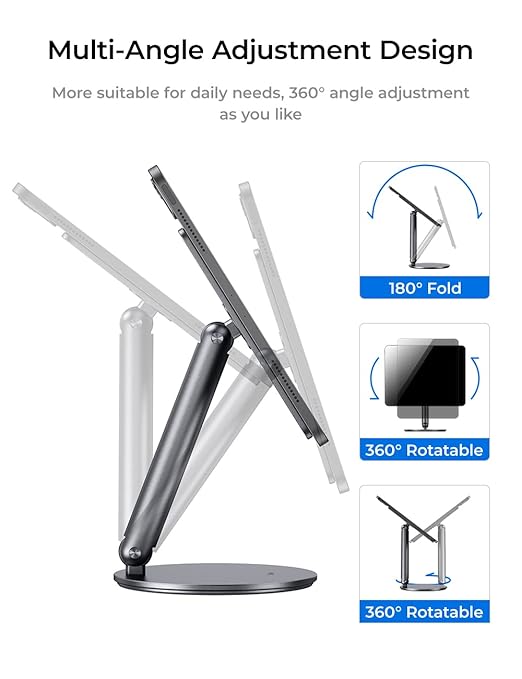 BENKS Tablet Magnetic Stand Adjustable, Swivel iPad Stand with 360° Rotating Base, Aluminum Foldable Desktop Stand Holder - Image 6