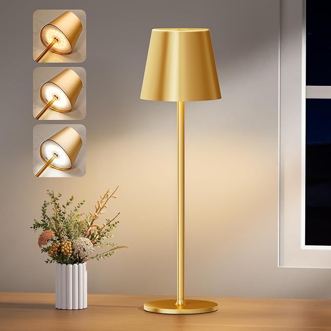 Wireless Table Lamp, Dimmable Table Lamp, Battery LED with 3 Colour Temperatures, Continuously Dimmable, Touch Lamp with USB-C Rechargeable for Outdoor Bedside Table, Dining Table, Camping
